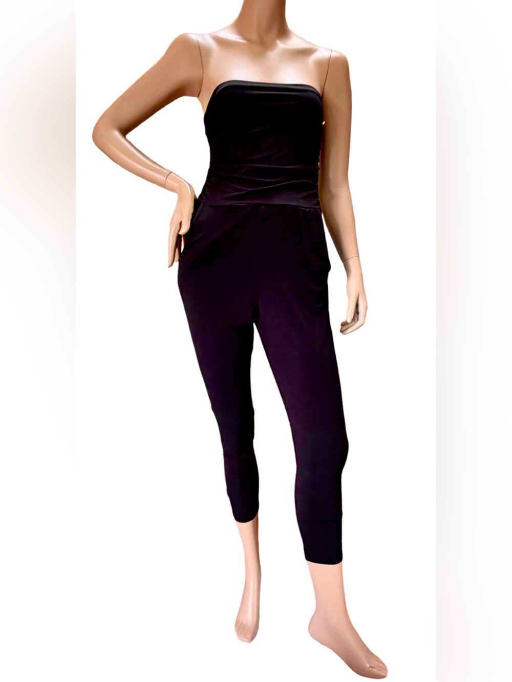 KRUSH Strapless Black Ruched Jumpsuit | Stretch Pockets Cropped Leg